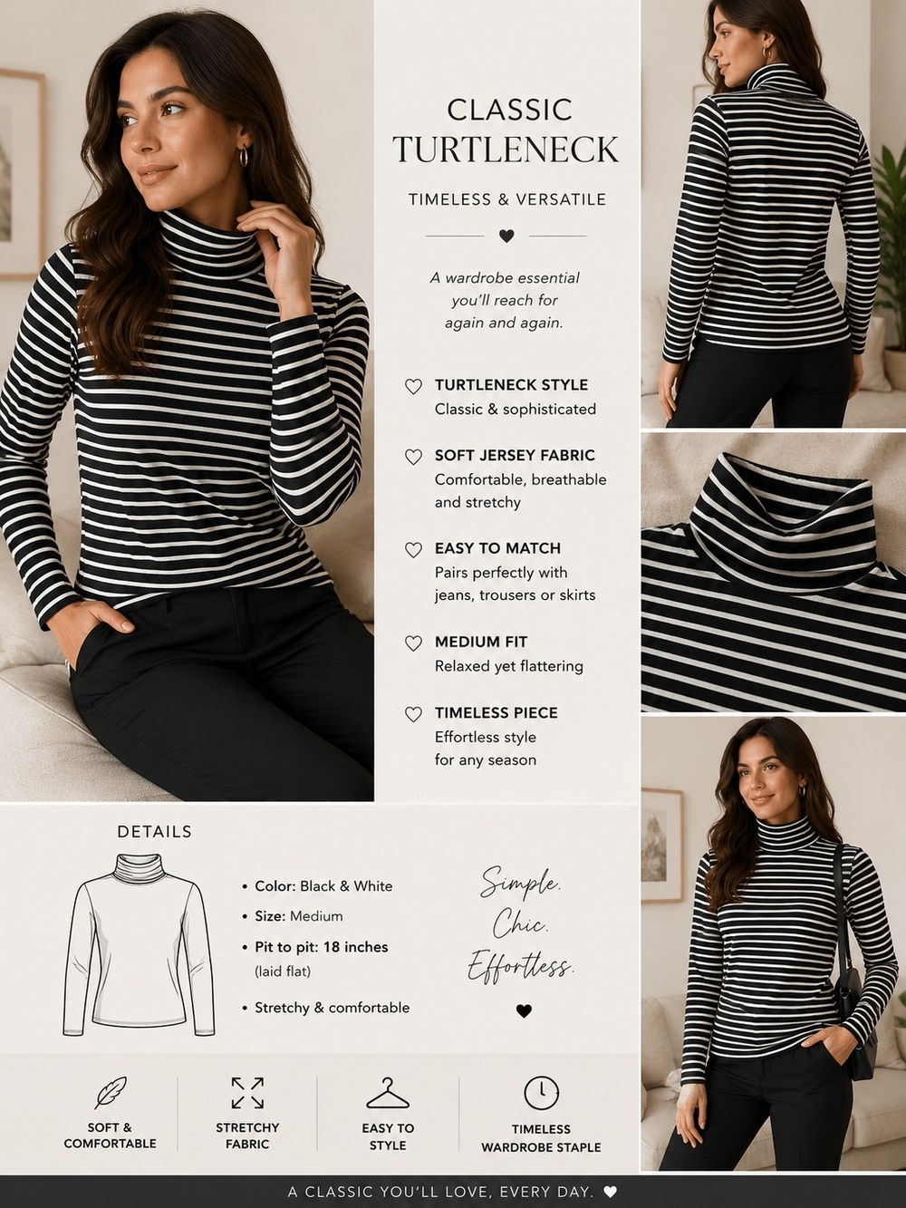 Reitmans Black & White Striped Turtleneck Sweater